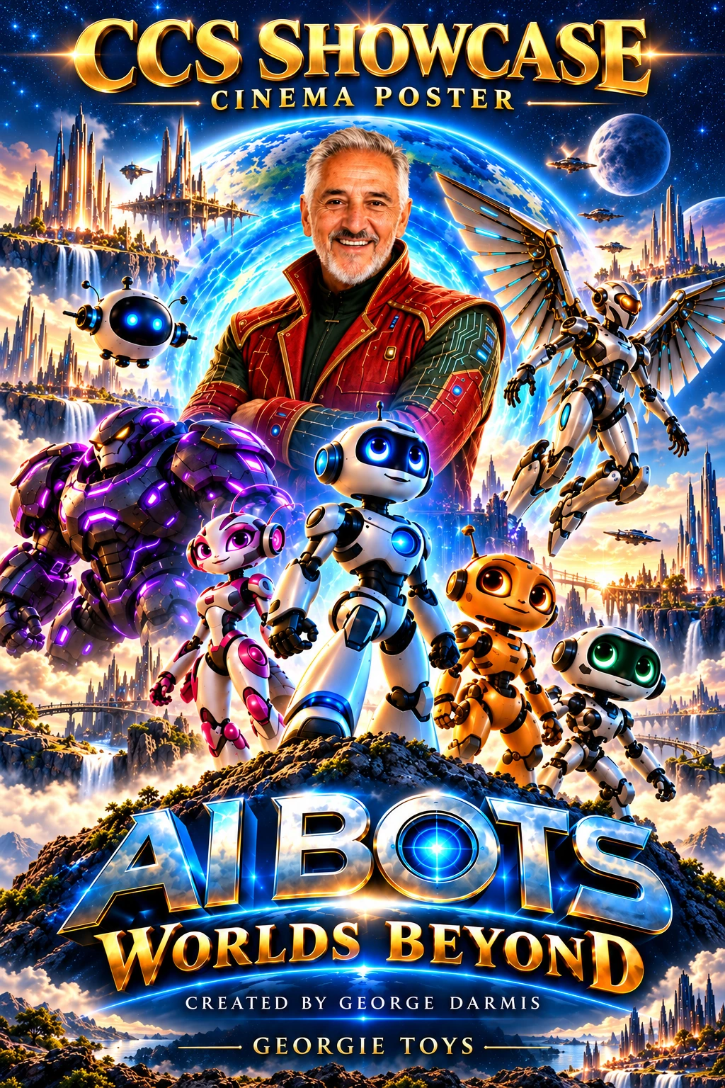 CCS Showcase cinema poster for AI Bots Worlds Beyond featuring George Darmis and all seven robot characters