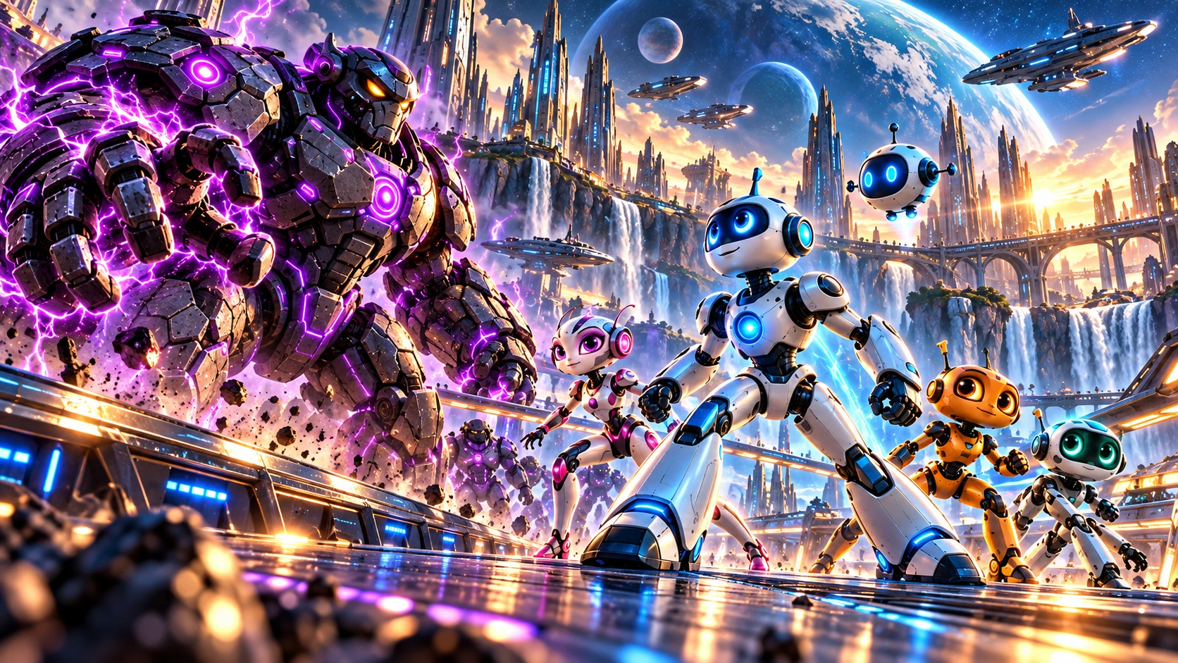 The team stands together as a powerful adversary blocks their path.