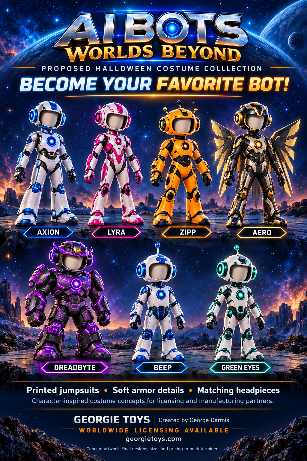AI Bots Worlds Beyond proposed Halloween costume collection: Axion, Lyra, Zipp, Aero, Dreadbyte, Beep and Green Eyes. Created by George Darmis, Georgie Toys. Worldwide licensing available. Final designs, sizes and pricing to be determined.