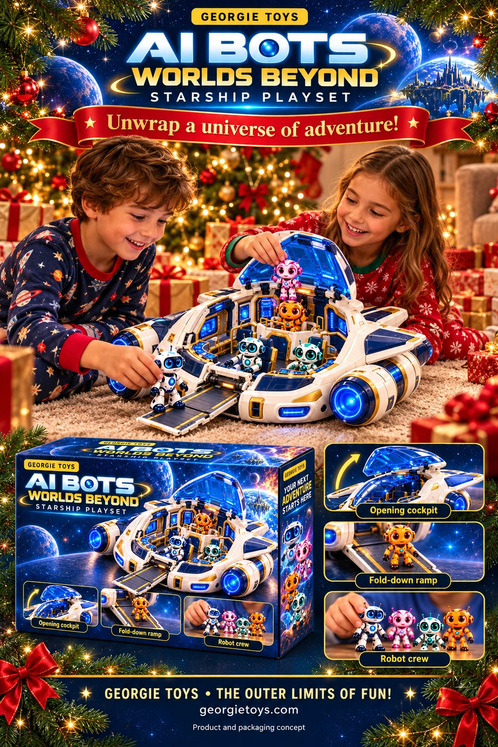 AI Bots Worlds Beyond Starship Playset Christmas sales sheet: children playing beside a Christmas tree, retail box concept, opening cockpit, fold-down ramp and robot crew.