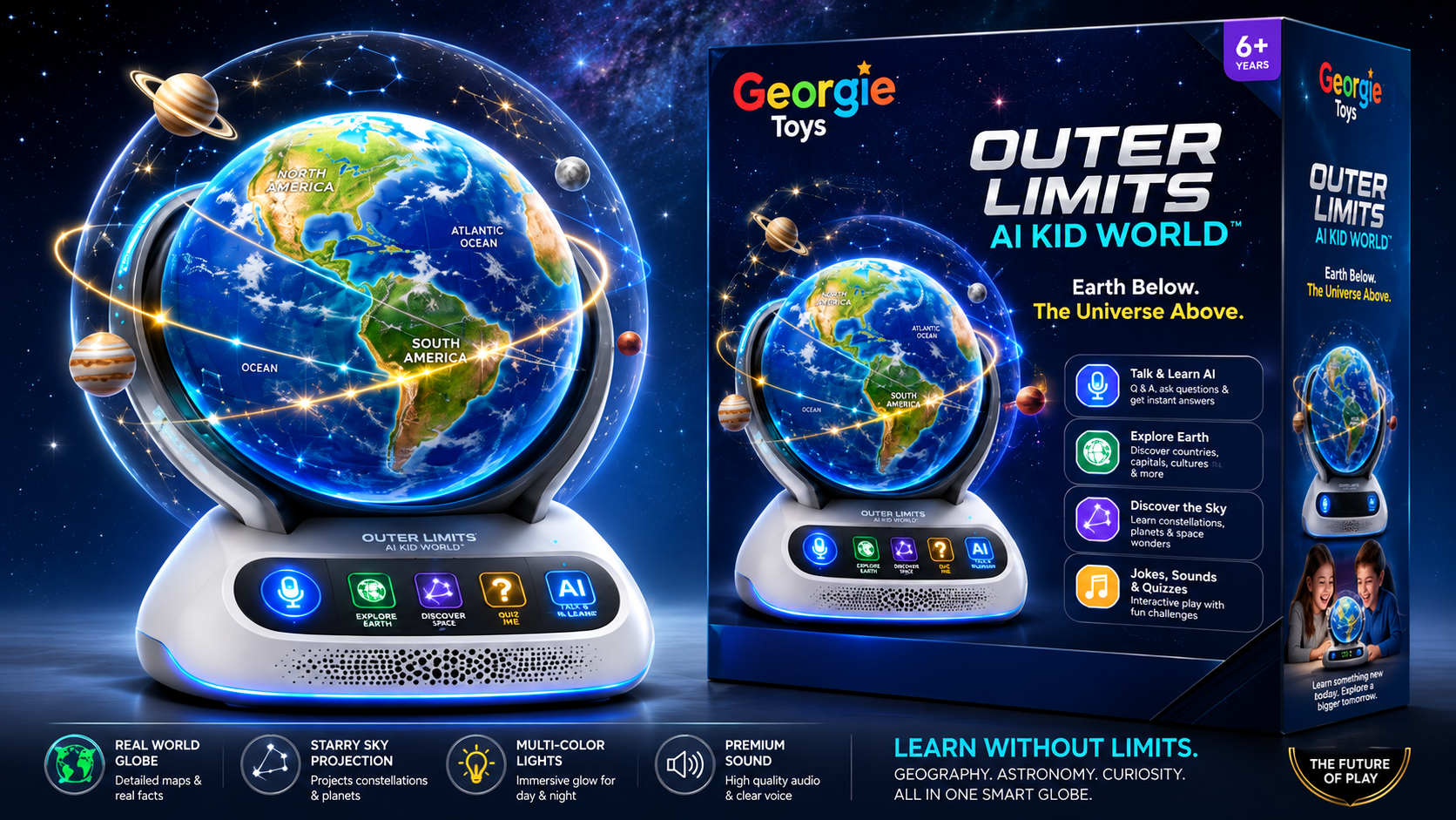 Outer Limits AI Kid World globe and retail package
