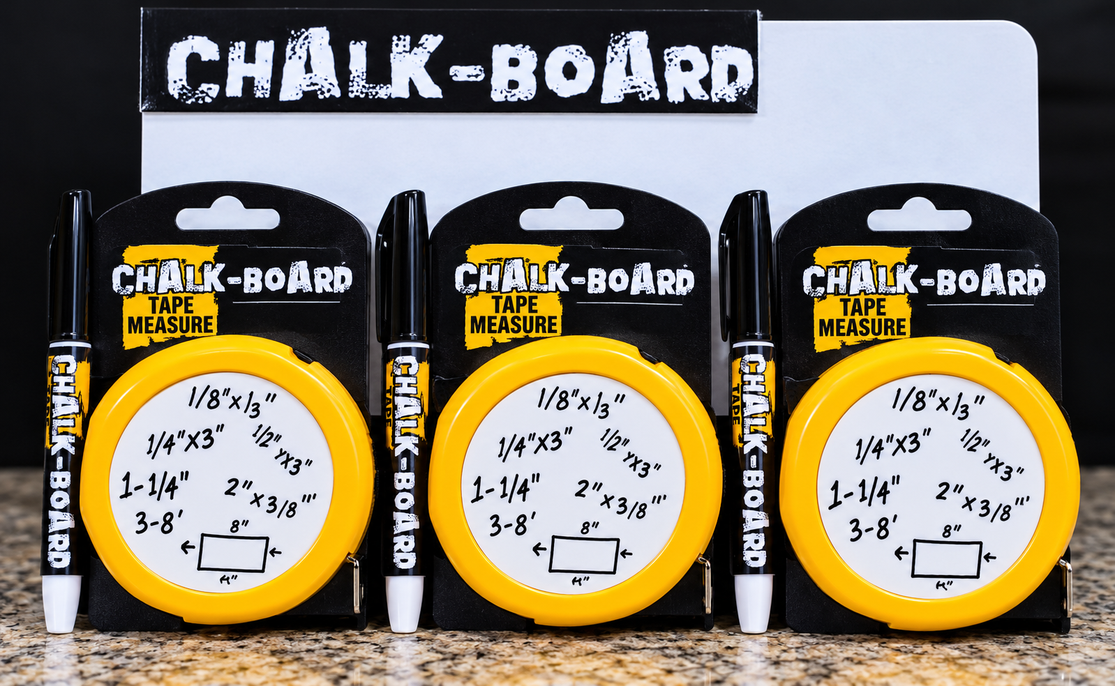Three yellow Chalk-Board tape measures with writable measurement faces, pencils and retail packaging