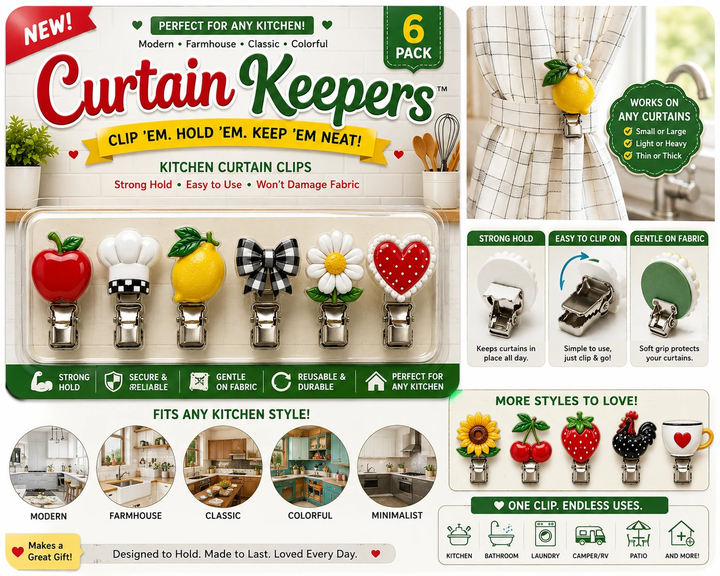 Curtain Keepers kitchen curtain clips concept with decorative clip designs, retail packaging and a kitchen curtain use example
