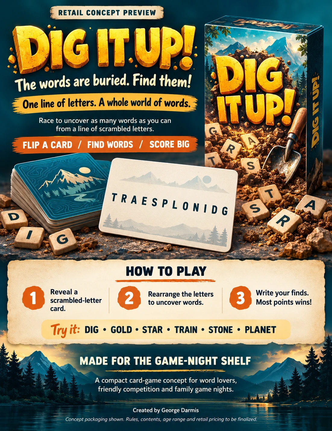 Dig It Up! word card game sales sheet with treasure-themed packaging, a long line of scrambled letters and a quick play guide