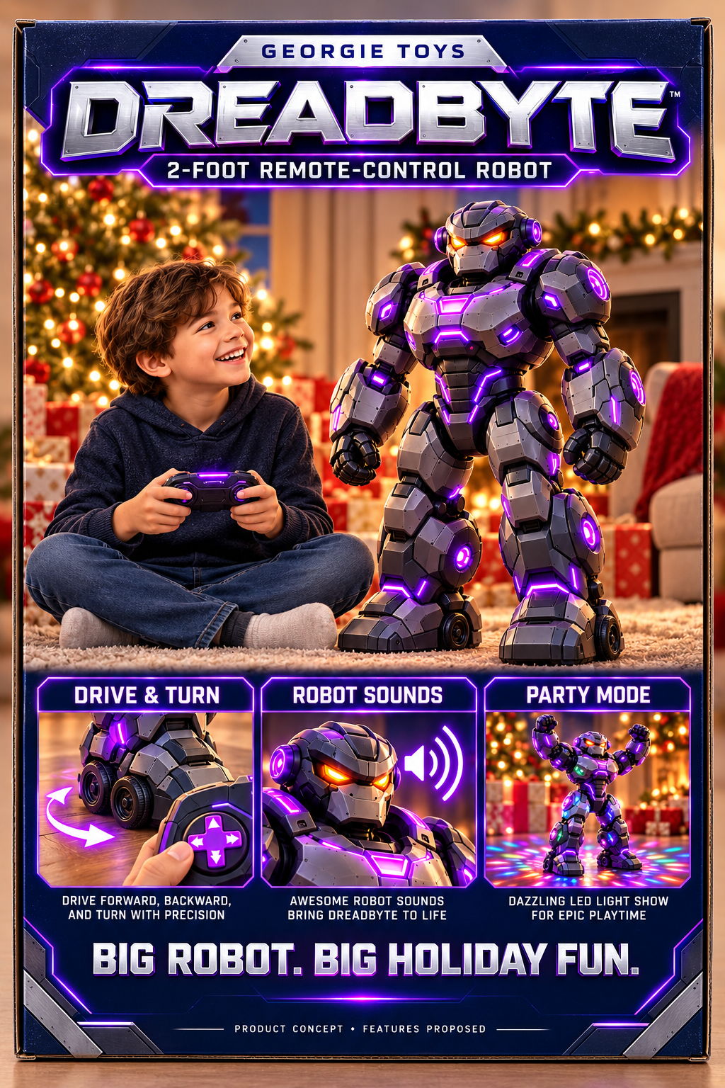 Dreadbyte two-foot remote-control robot box-back concept with a happy child holding the controller, plus drive-and-turn, robot sound and LED Party Mode features.