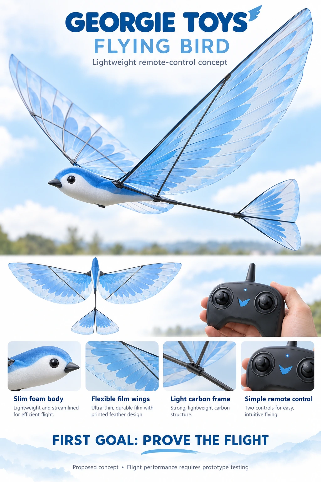 Georgie Toys Flying Bird lightweight remote-control concept with slim foam body, flexible film wings and light carbon frame