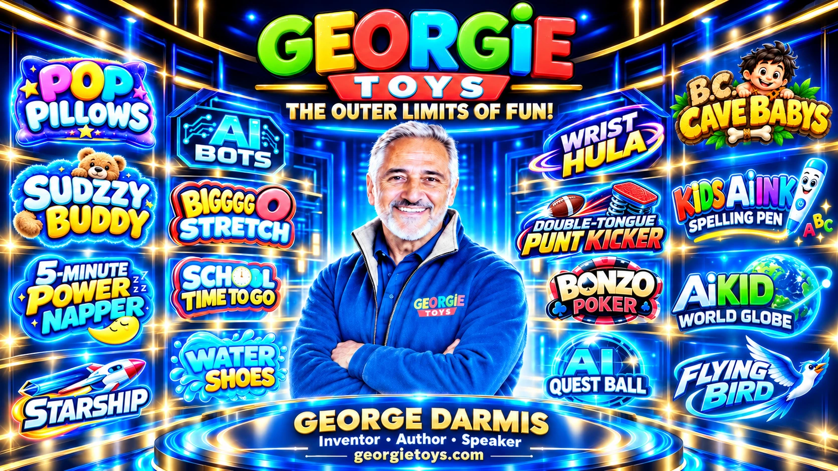 George Darmis with 16 Georgie Toys logos, including B.C. Cave Babys, Kids AI Ink Spelling Pen, AI Kid World Globe, Double-Tongue Punt Kicker and Flying Bird — The Outer Limits of Fun
