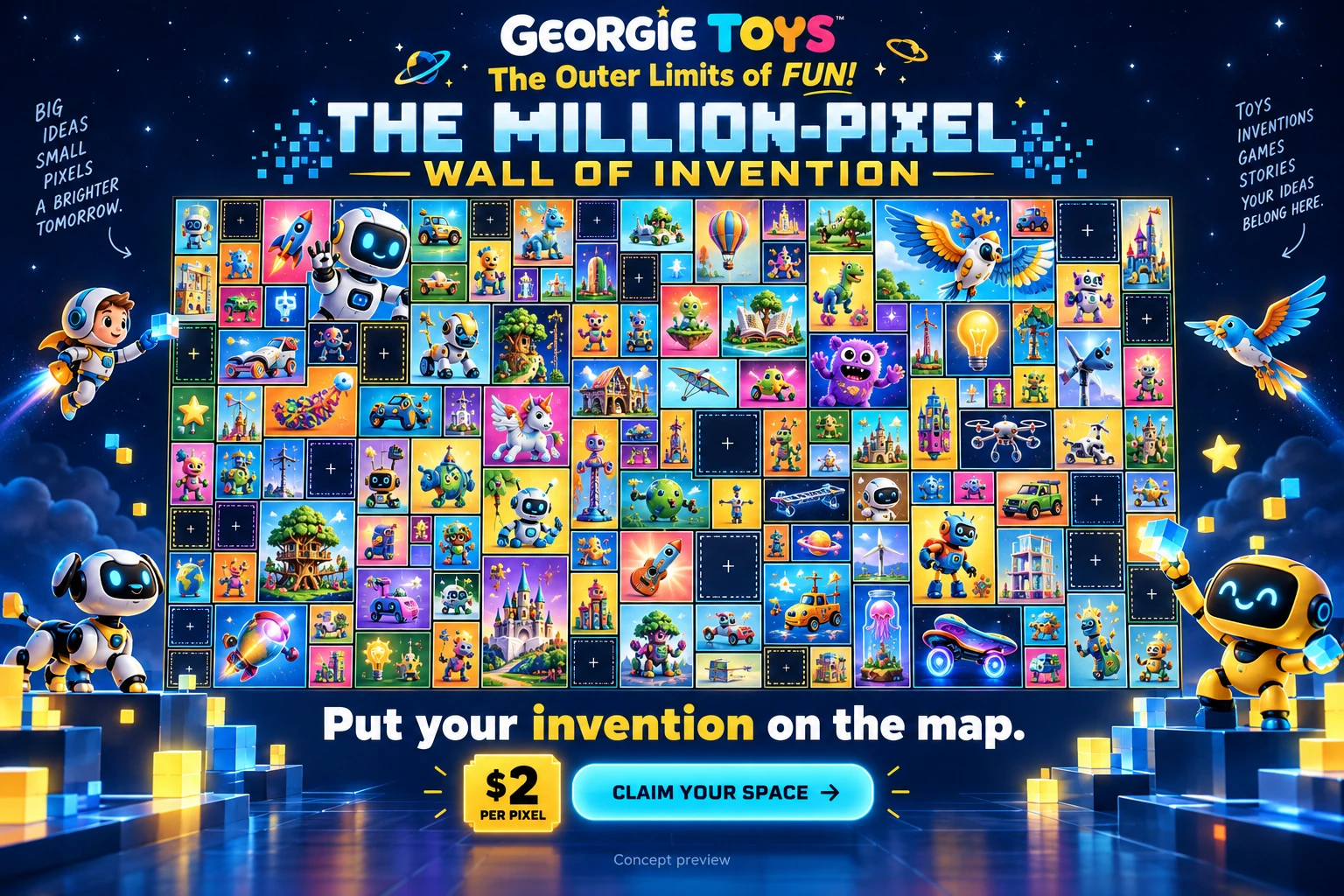 Illustrative Georgie Toys invention wall: a colorful mosaic of robots, toys, books and imaginative gadgets with spaces for future participants.
