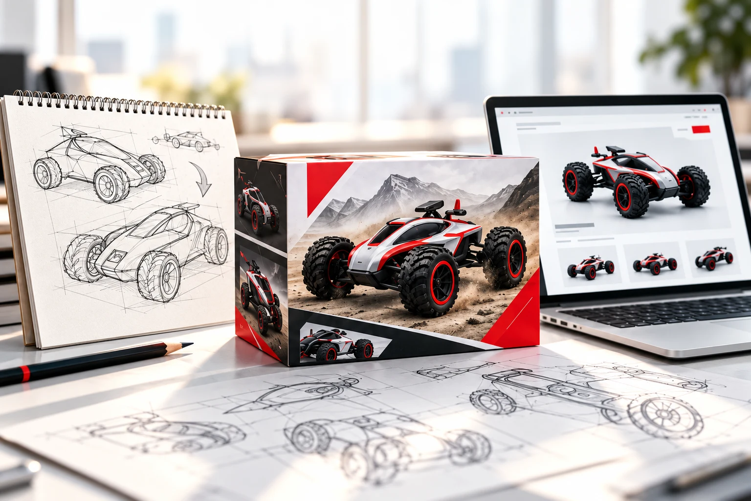 Illustrative concept showing an invention sketch, retail packaging and a website product showcase