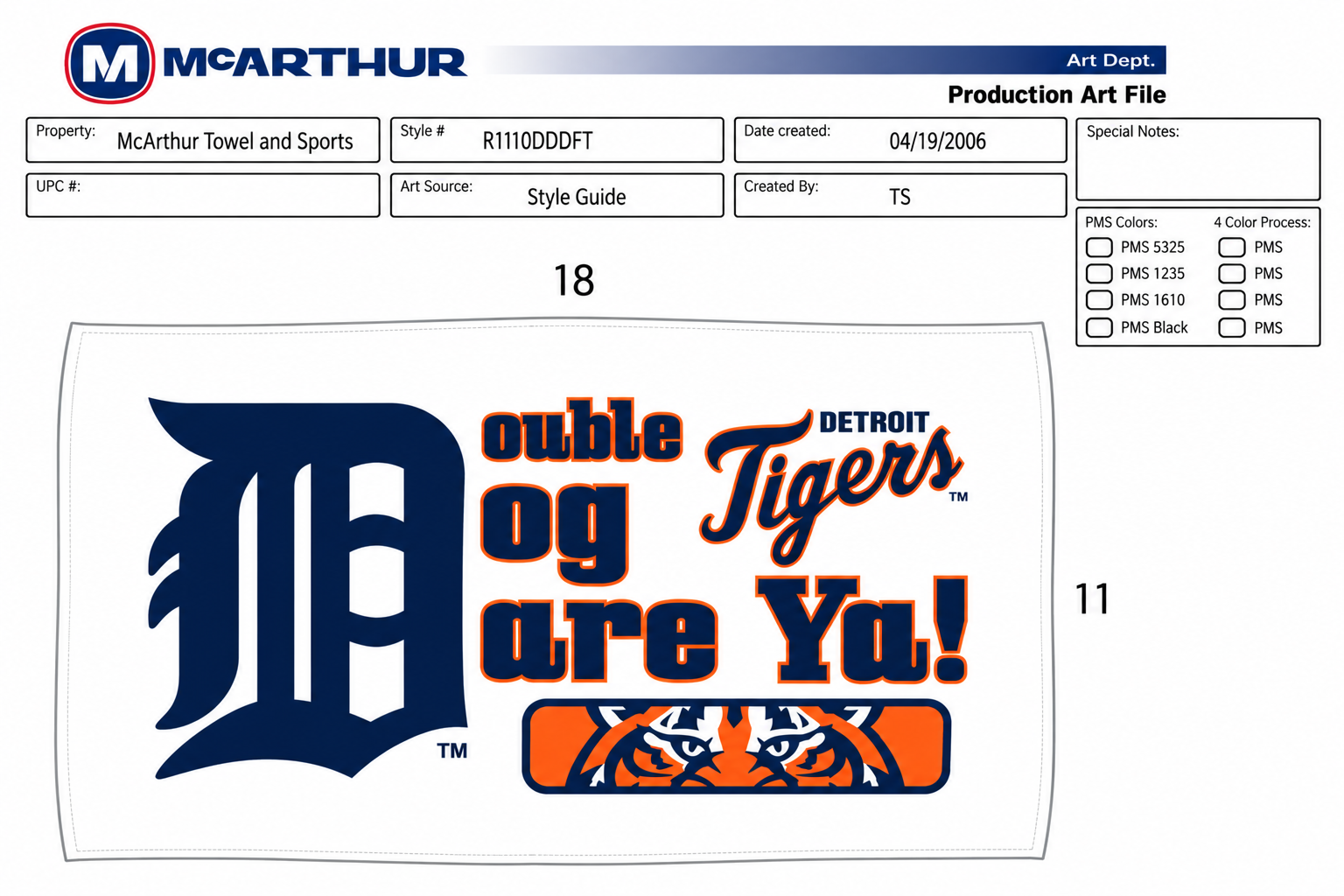 McArthur production artwork for a Detroit Tigers towel and sports design from 2006