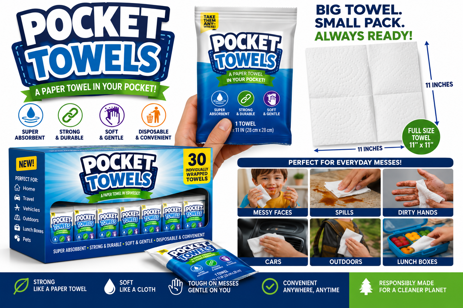 Pocket Towels concept retail presentation showing individual towel packs, a countertop display and everyday uses