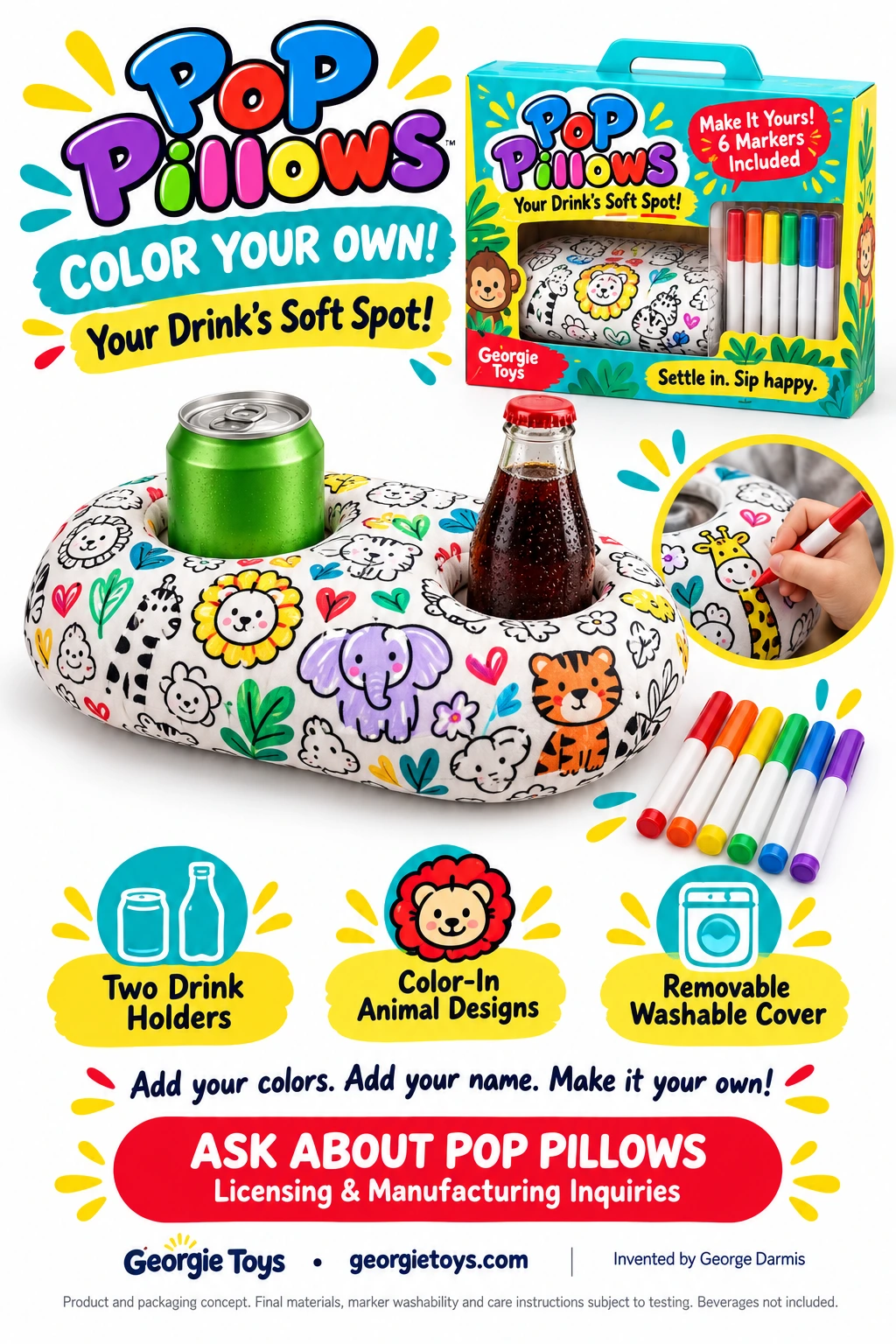 POP PILLOWS Color Your Own concept with six markers, color-in animal designs, two drink holders and retail packaging