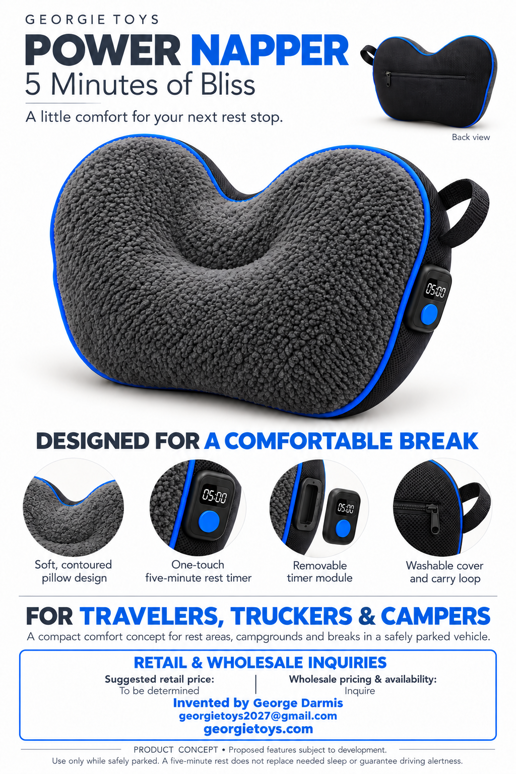 Power Napper sales sheet showing a charcoal and blue contoured travel pillow with a proposed five-minute rest timer, invented by George Darmis