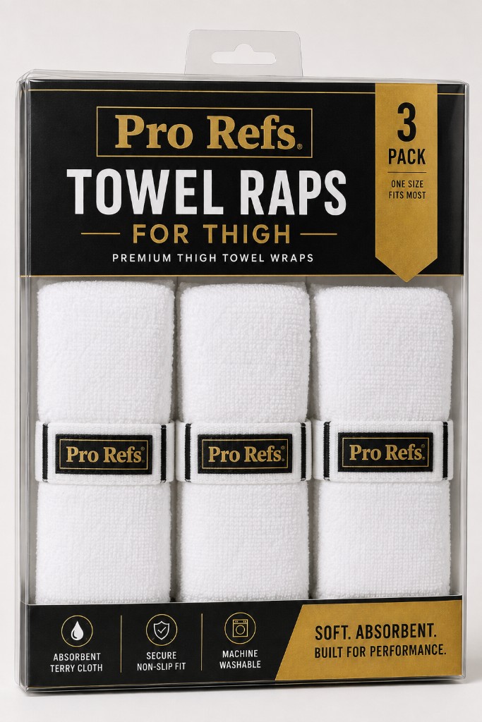 Front of Pro Refs thigh towel wraps three-pack concept packaging
