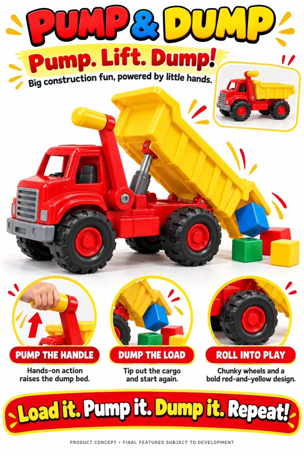 Pump and Dump red-and-yellow plastic toy dump truck retail sales page showing a hand-operated pump handle that raises the bed to unload colorful blocks