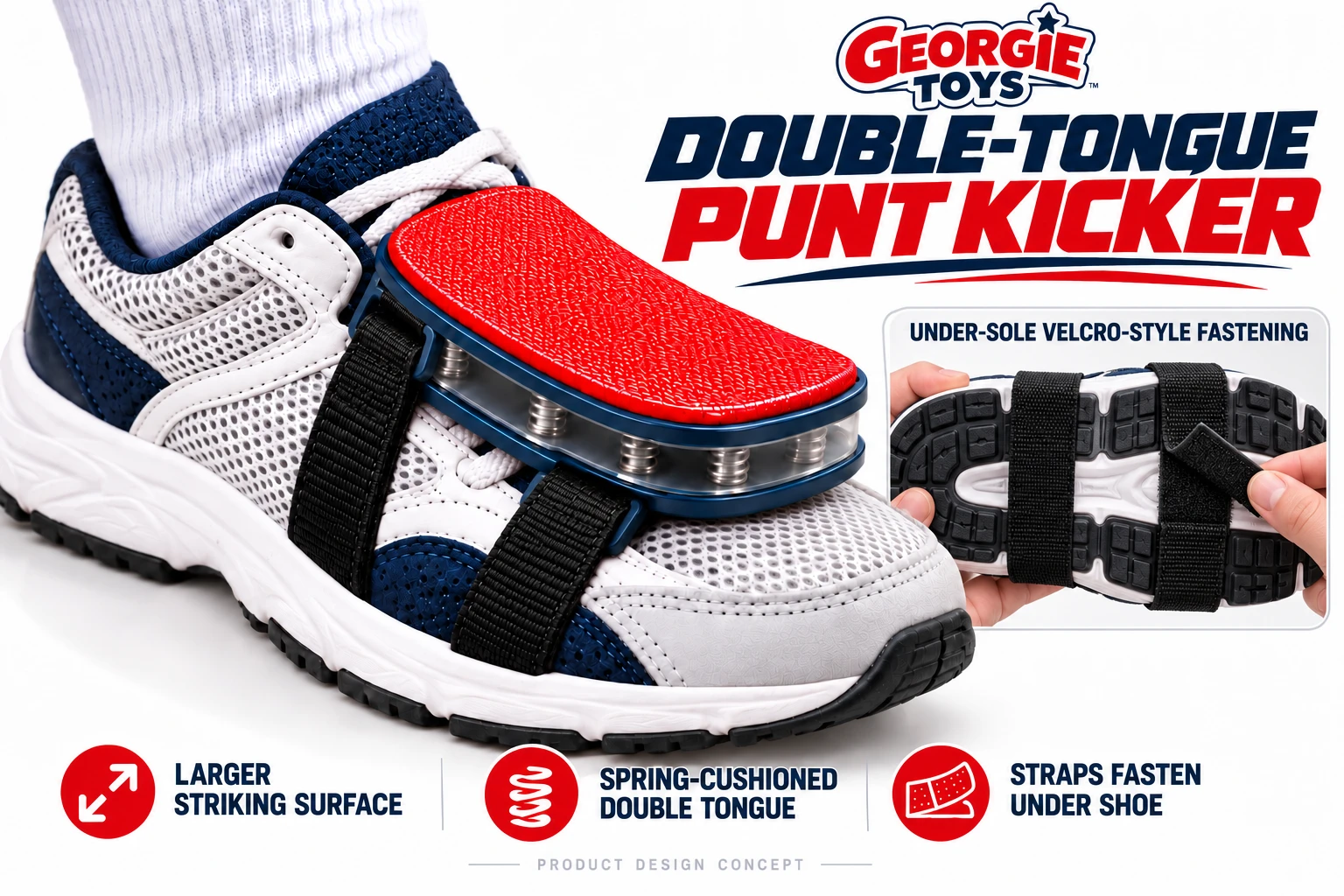 Double-Tongue Punt Kicker concept on a shoe, showing the spring-supported striking surface and wrap-under straps