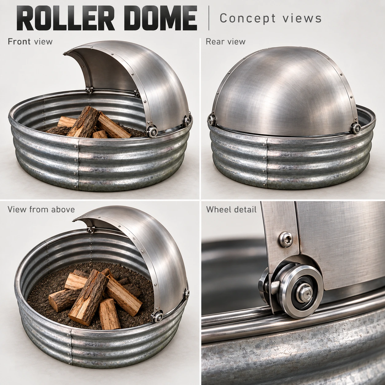 Roller Wind Dome concept showing front, rear and overhead views of the rolling metal fire-pit wind shield, with wheel detail