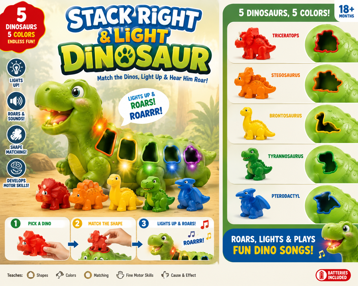 Stack Right & Light Dinosaur
