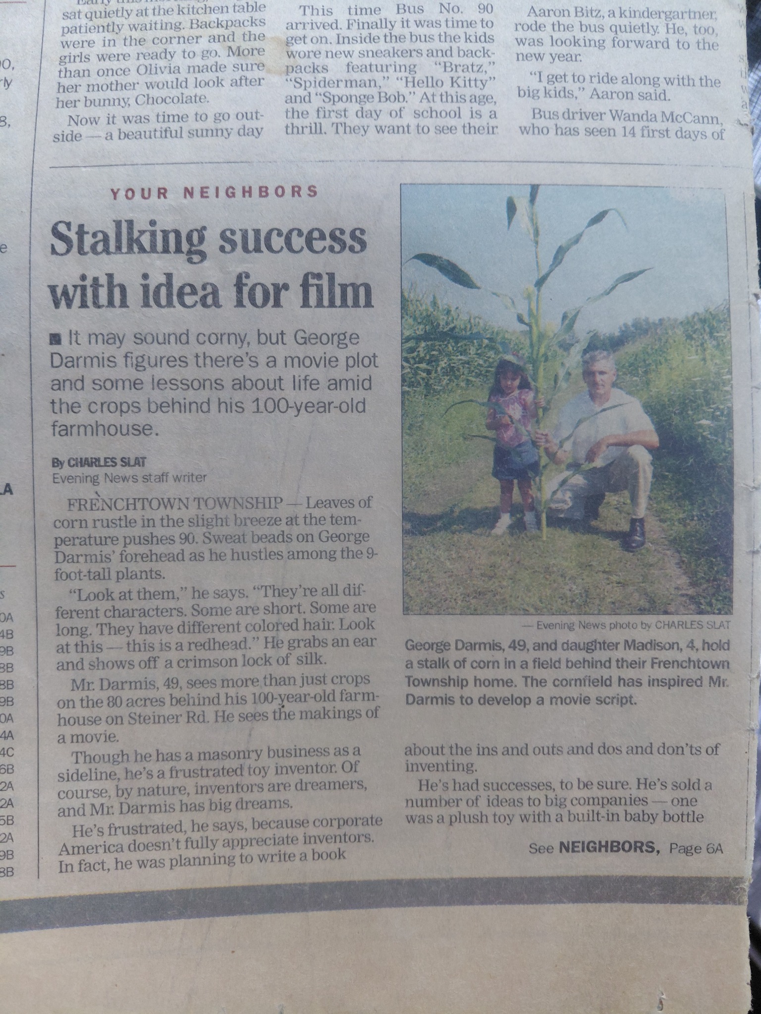 Evening News clipping: Stalking success with idea for film, featuring George Darmis and his daughter Madison in their cornfield