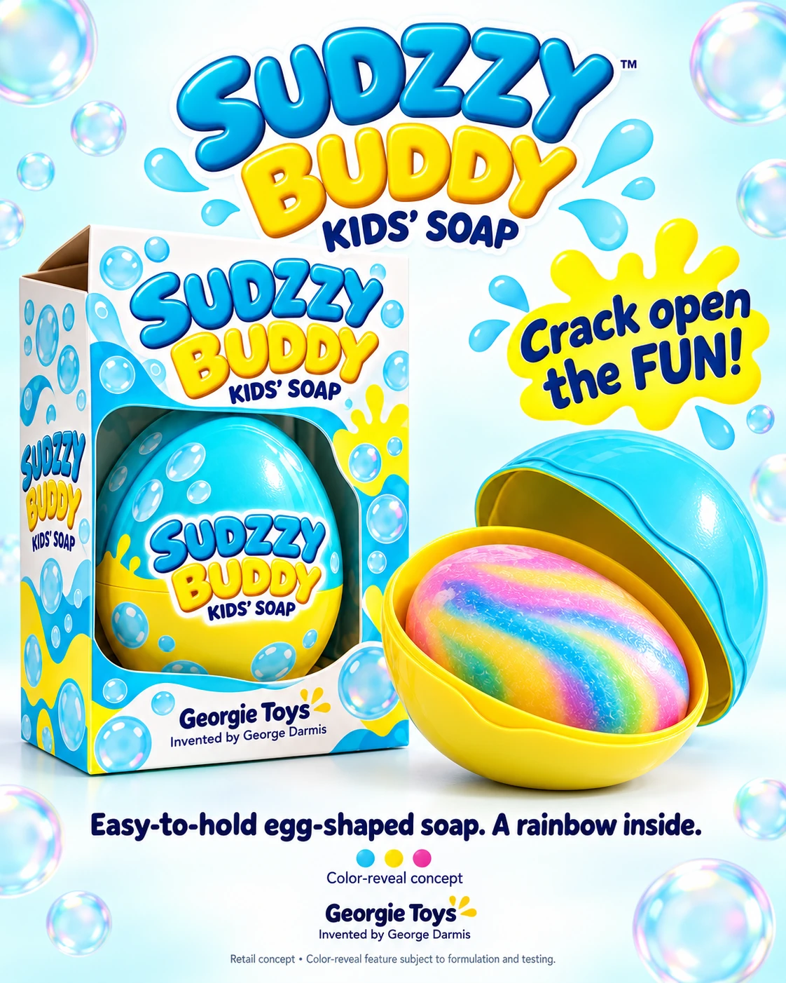 SUDZZY BUDDY kids’ soap retail concept: turquoise and yellow egg case, matching retail box, and easy-to-hold rainbow egg-shaped soap