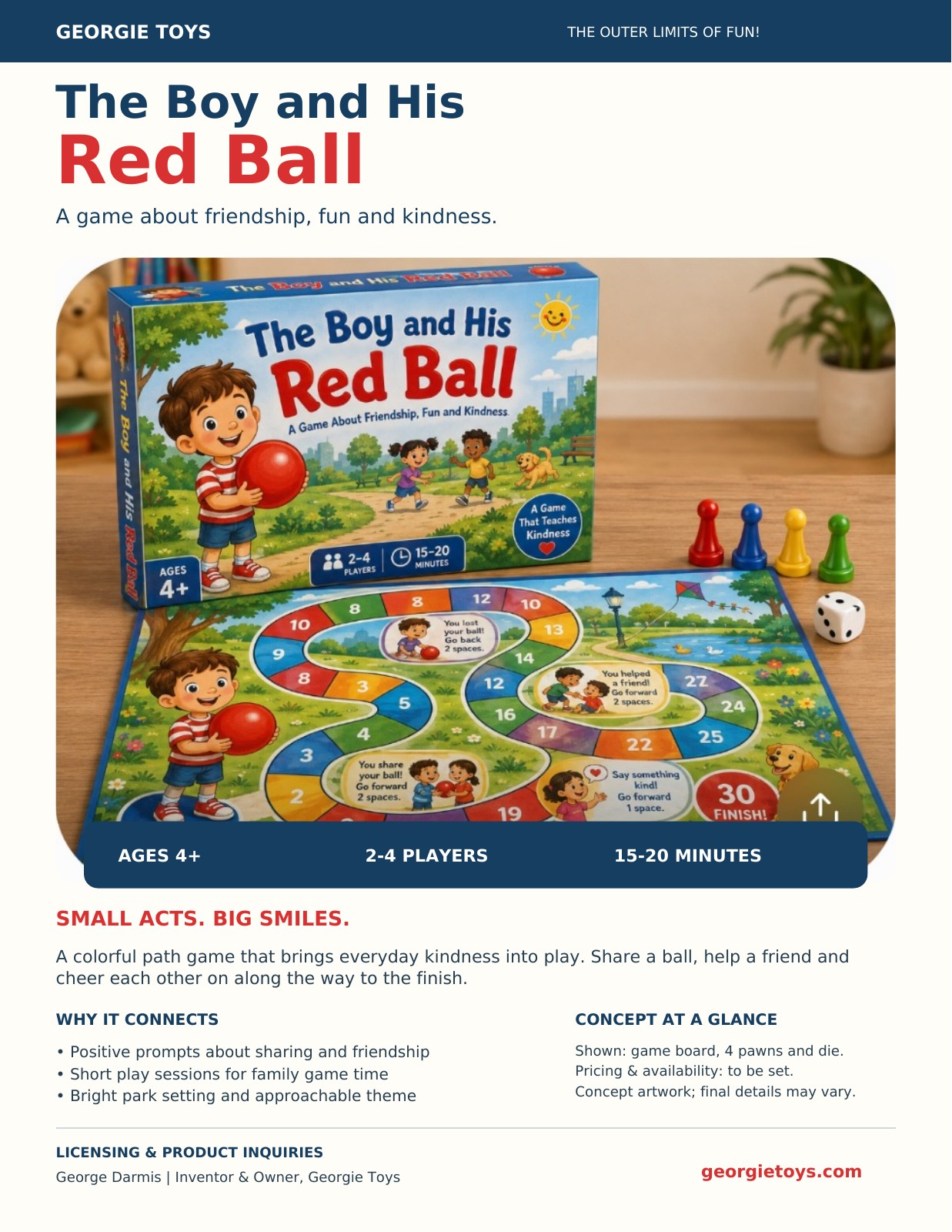 The Boy and His Red Ball sales sheet showing the board game and its friendship and kindness theme