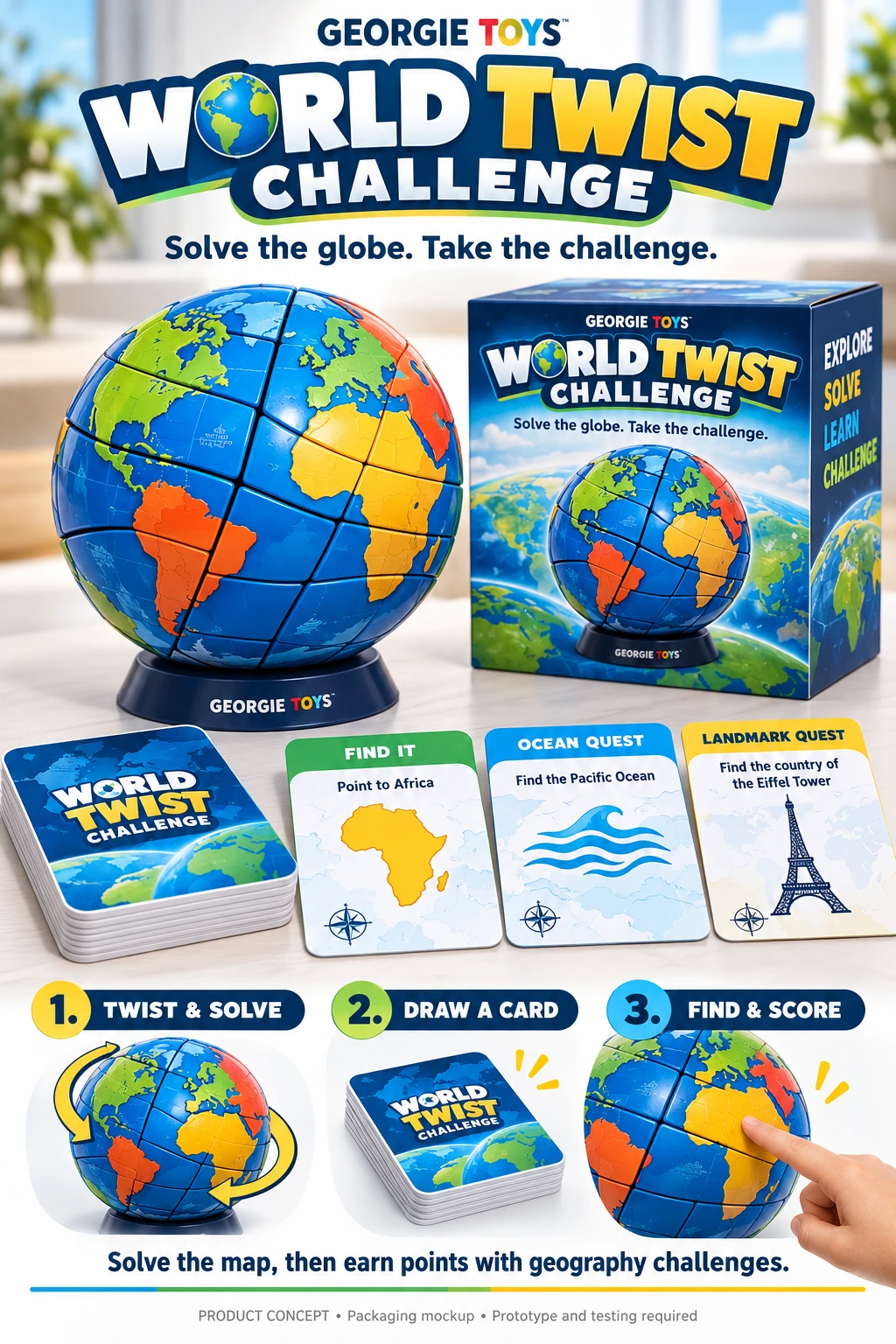 Georgie Toys World Twist Challenge game concept with a spherical globe twist puzzle, geography challenge cards, display stand and matching retail packaging